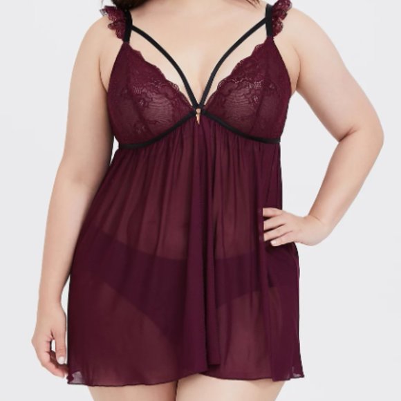 torrid Other - Torrid Mesh Cap Sleeve Strappy Babydoll in Deep Merlot 2